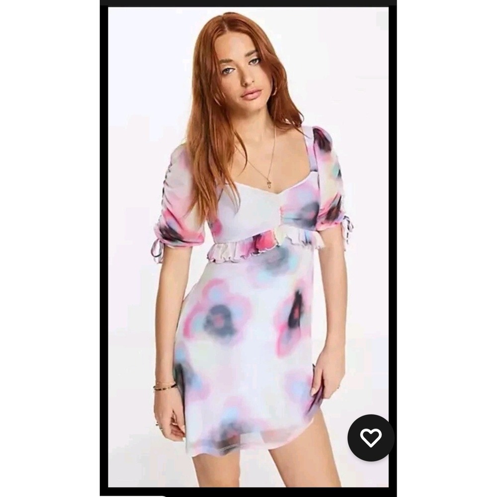 NWT  Topshop Dress Womens Multicolor Floral Tie Dye‎ Puff Sleeve Casual